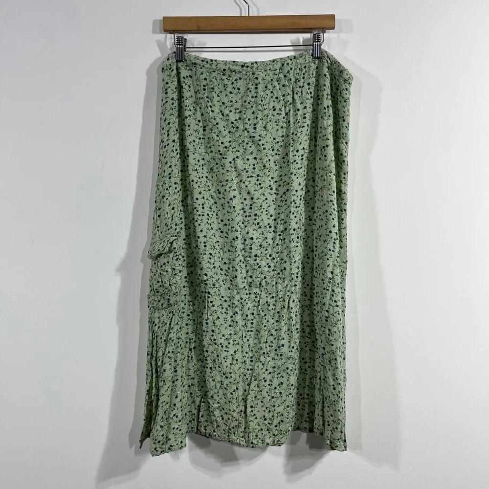 Vintage BlueSky Boho Fairy Grunge Floral Embroidered Midi Skirt Green Cargo Lg